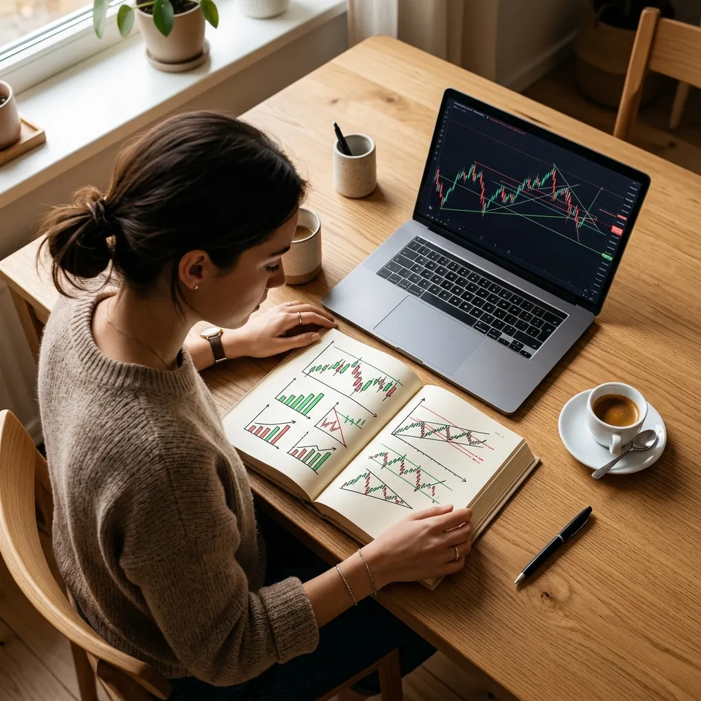 Studying candlestick chart patterns with the Chart Wis visual reference book at a desk