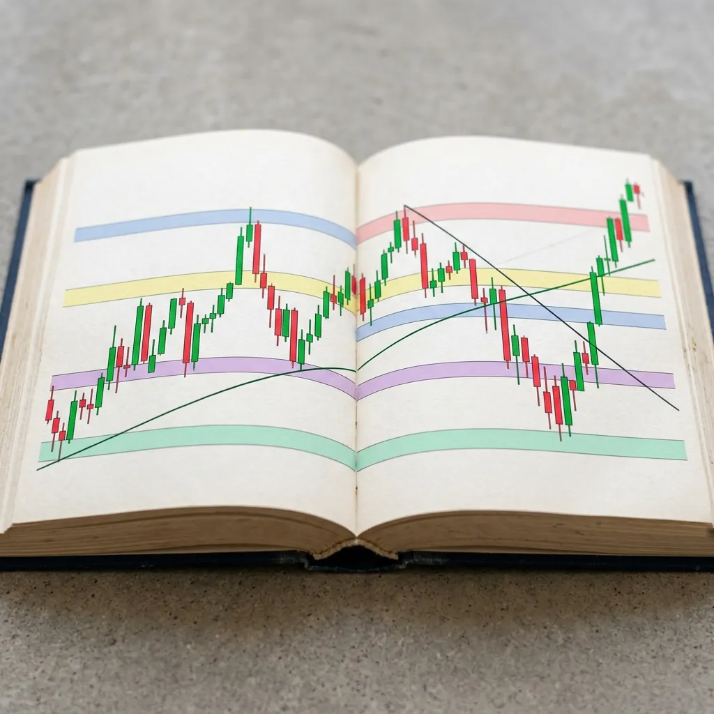 Close-up of color-coded candlestick and trendline diagrams inside the Chart Wis book